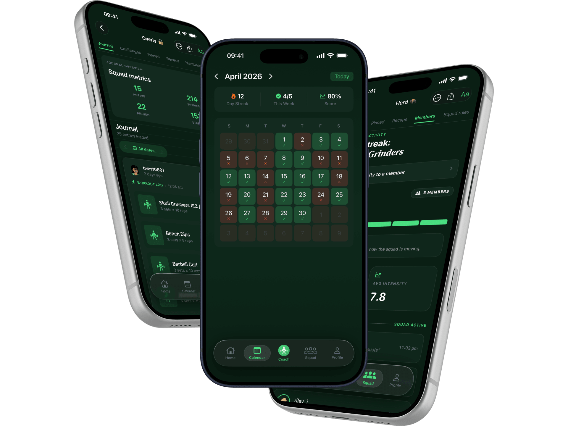 CoachIG app showing calendar check-ins, squad journal, and member streak metrics across three phones